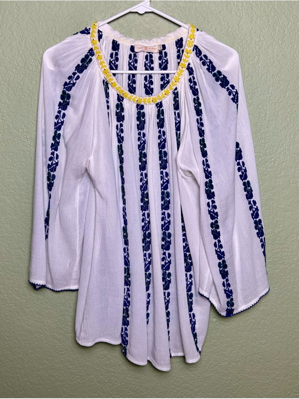 Tory Burch Embroidered Beaded Neck Peasant Blouse Tunic – Blue/White – Size 6